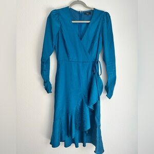 Flair for Drama Teal Blue Satin Jacquard Faux Wrap Midi Dress